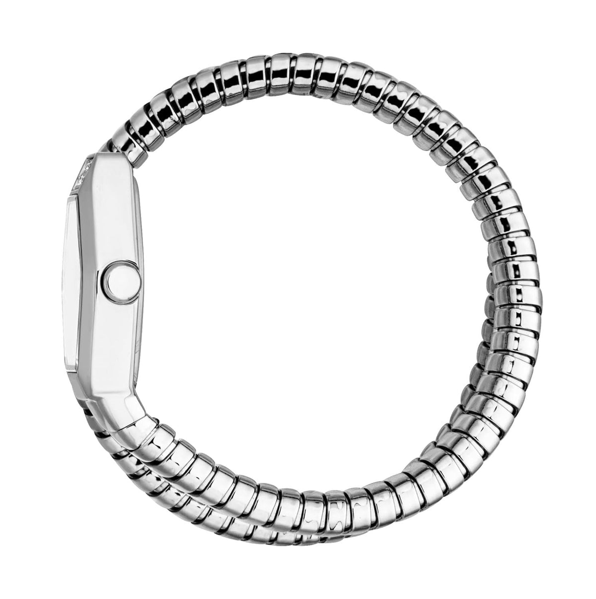Side view of coiled metal bracelet with rectangular case on women's wrist