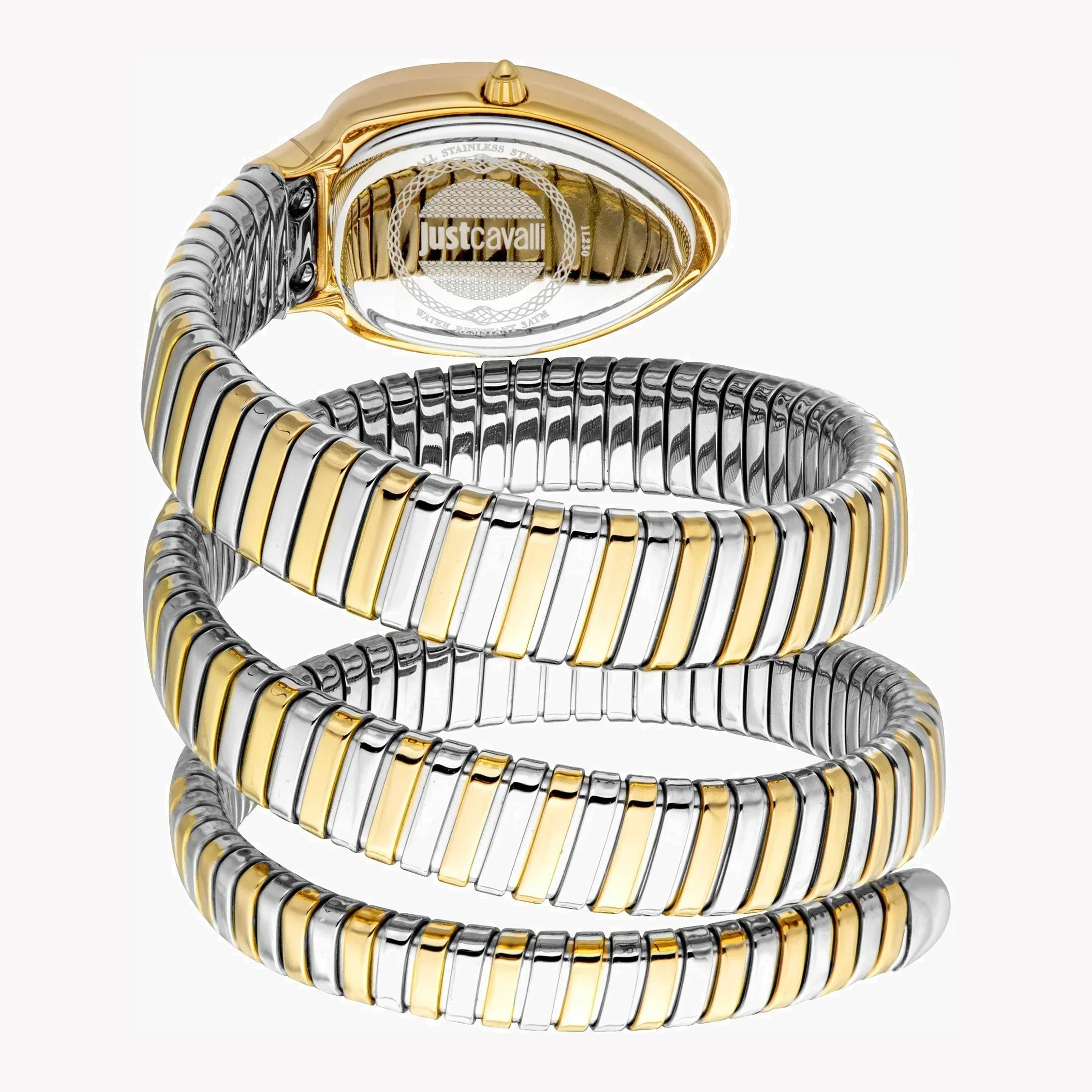 Just Cavalli Vezzoso watch coiled showing oval case and two-tone bracelet construction