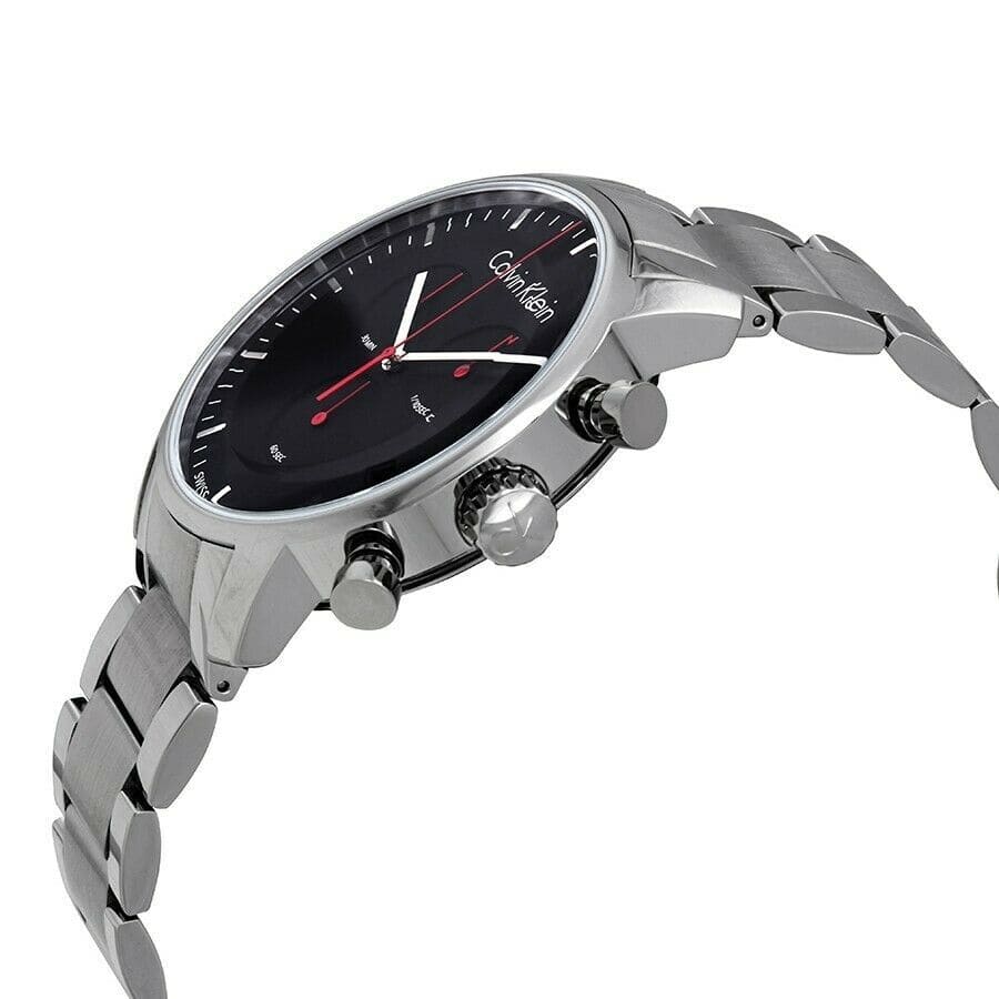Angled side view of Calvin Klein chronograph watch showing silver metal case and bracelet