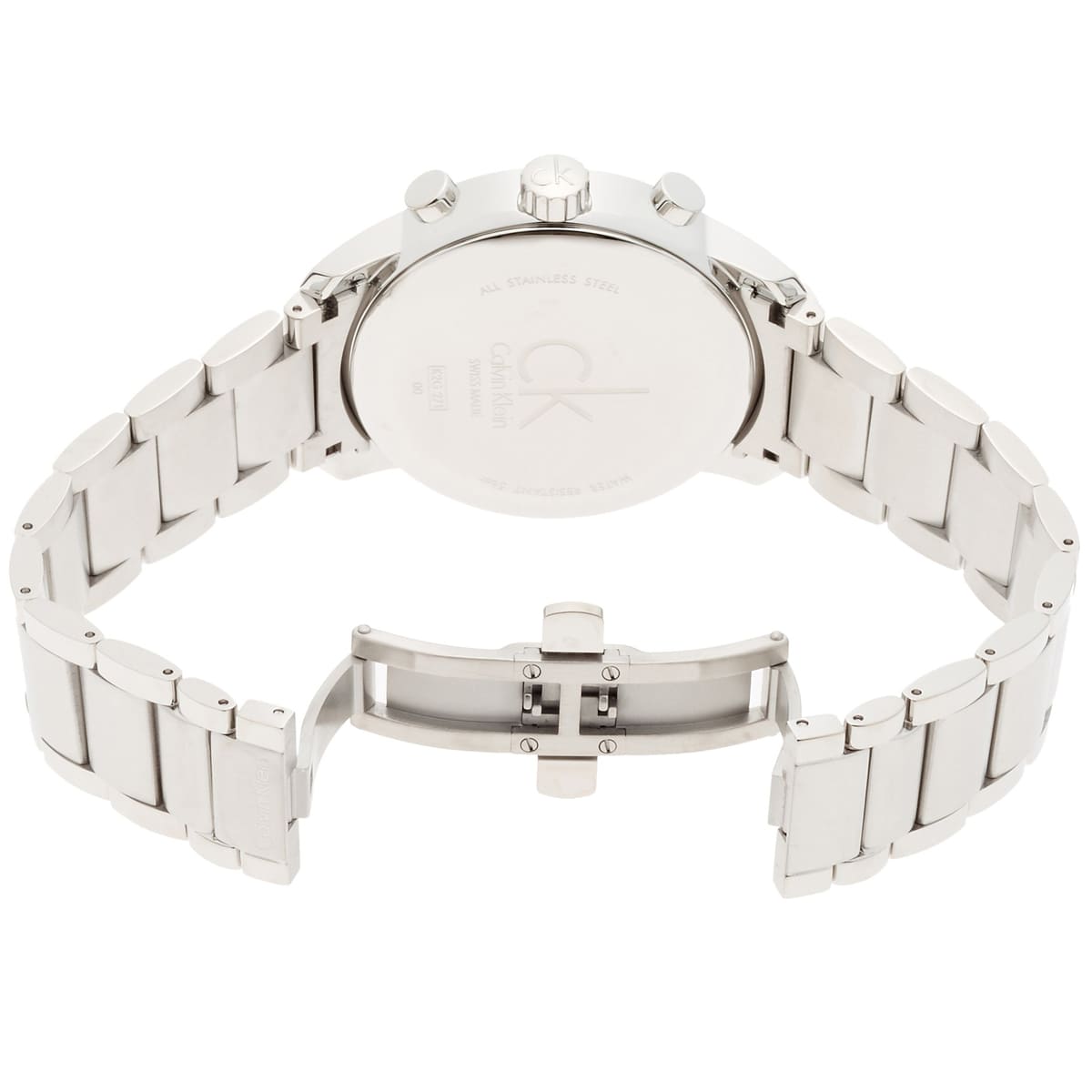 Caseback view of Calvin Klein K2G27141 watch showing stainless steel bracelet and closure