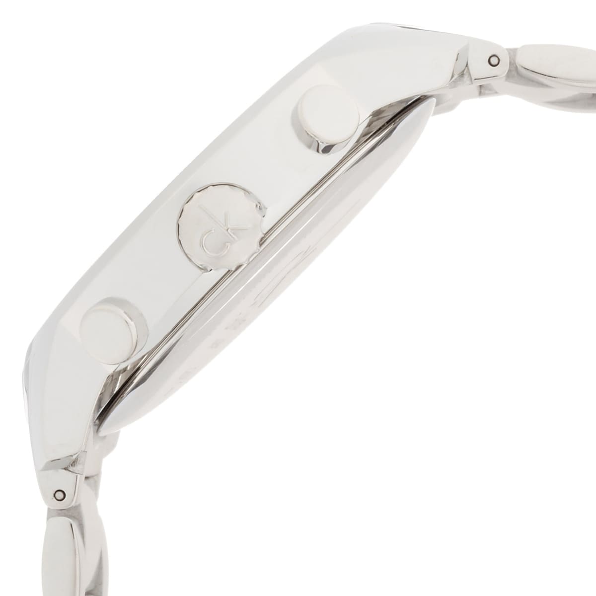 Side profile of Calvin Klein chronograph watch showing case thickness and pushers