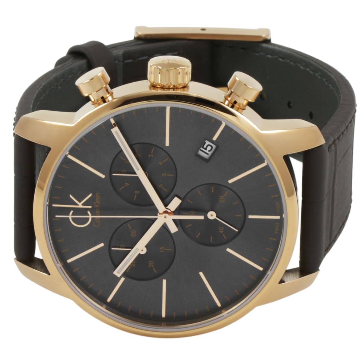 Top-down angled view of Calvin Klein watch showing chronograph subdials and rose gold case