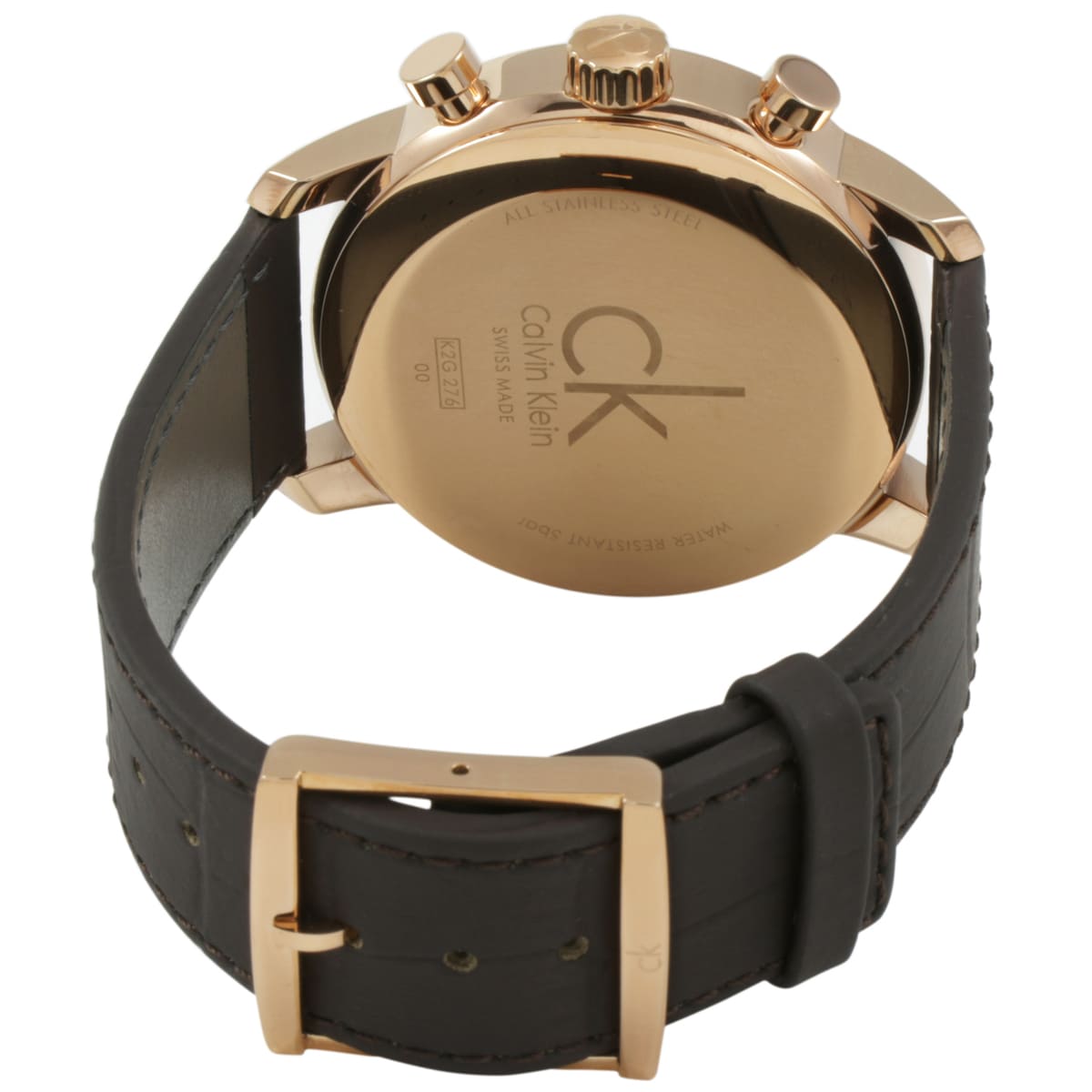 Calvin Klein watch caseback showing engraved CK logo and watch specifications