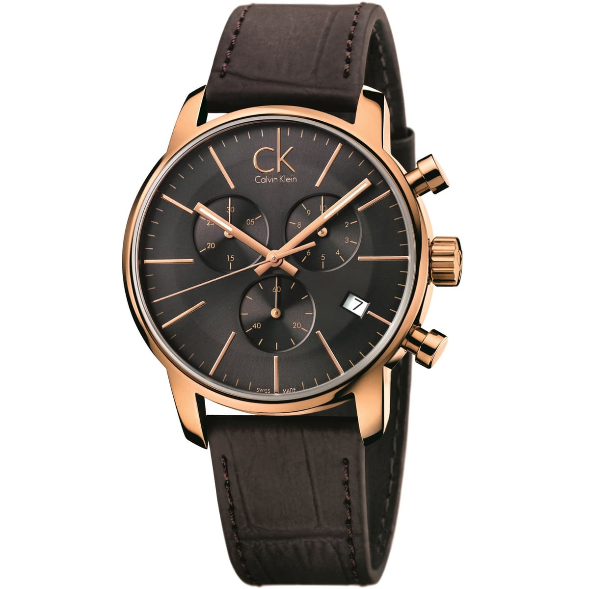 Calvin Klein City chronograph watch with dark dial, rose gold case, and brown leather strap