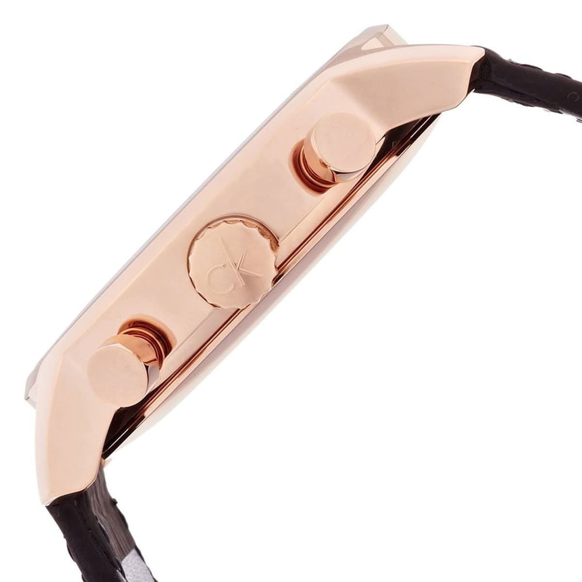 Side profile of Calvin Klein chronograph watch with brown leather strap and rose gold case
