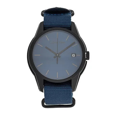 Calvin Klein K7K514VN blue dial watch face with date window and black case