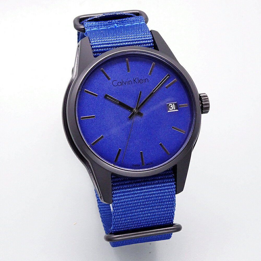 Calvin Klein K7K514VN blue dial watch with gold indices and date at 3 o'clock