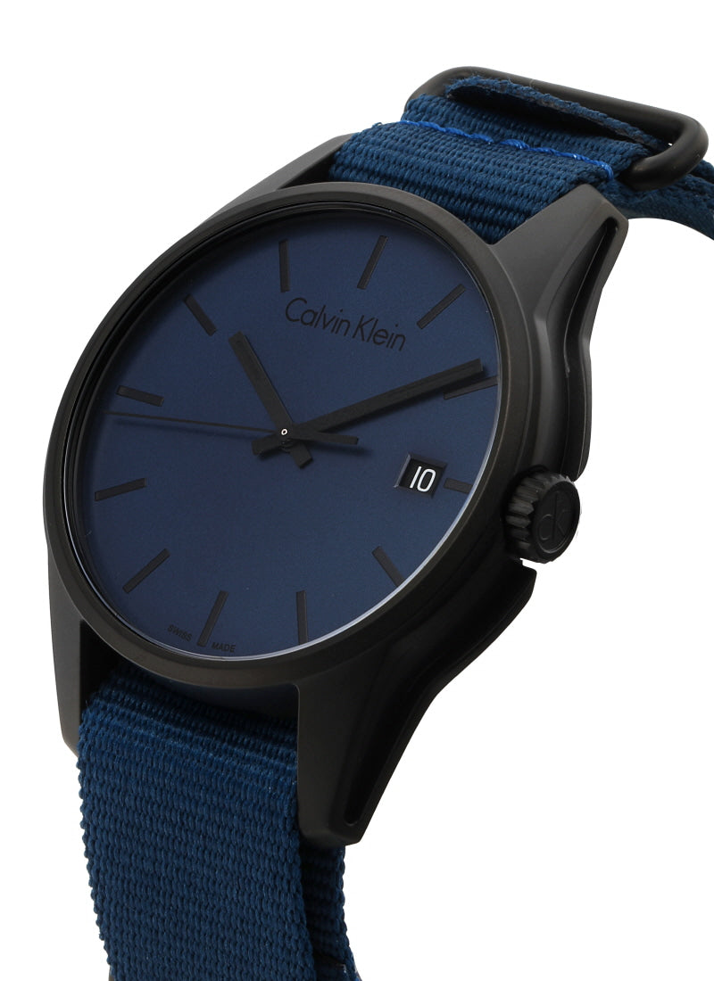 Calvin Klein K7K514VN watch side profile with black case and blue strap