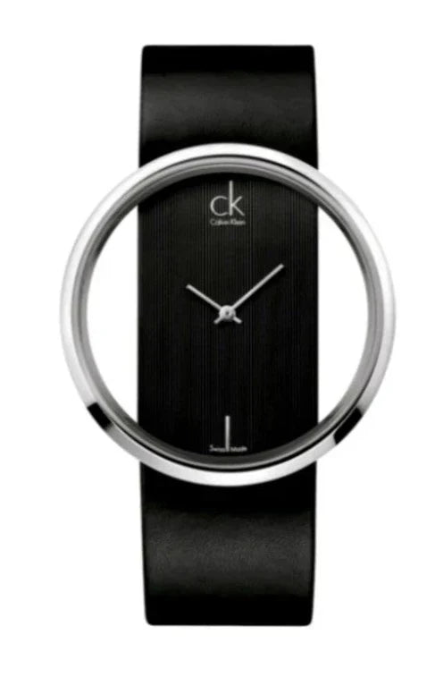 Calvin Klein Glam transparent dial watch with metallic case and black leather band