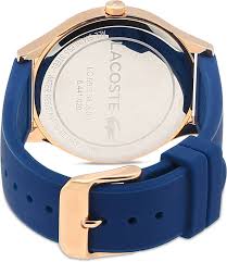 Rose gold caseback of Lacoste watch showing engraved branding