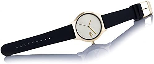 Angled view of Lacoste women's watch with gold case and black leather band