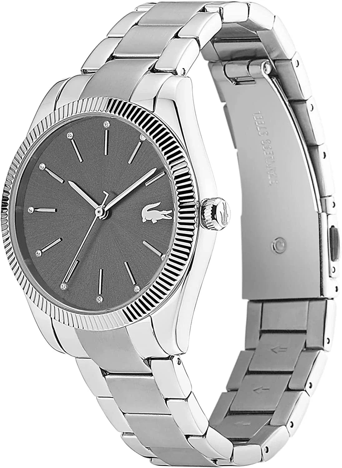 Lacoste 2001081 watch showing grey dial and stainless steel bracelet at angle