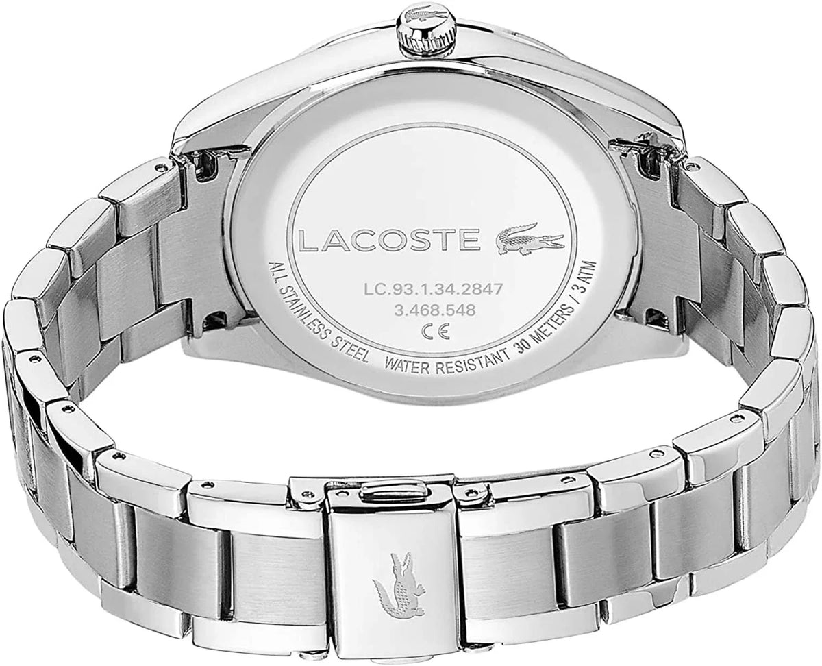 Lacoste 2001081 caseback showing water resistant specification and model number