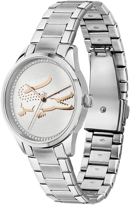 Lacoste watch 43mm showing silver bracelet and rose gold hands from angle view