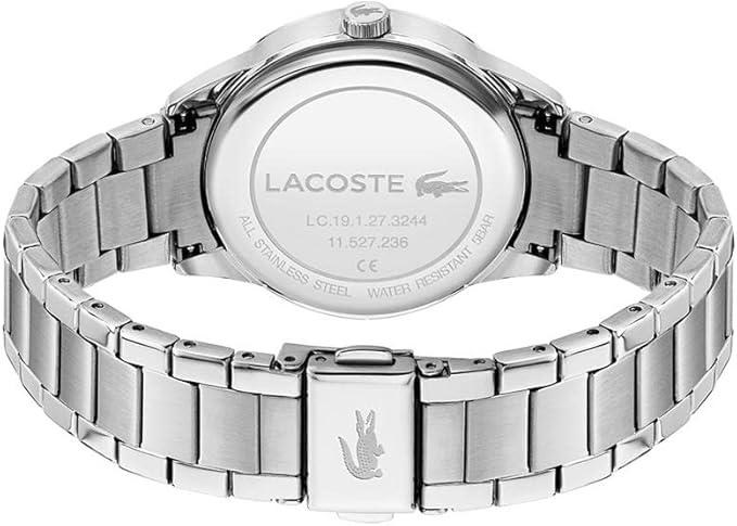 Lacoste watch caseback showing engraved branding and stainless steel construction