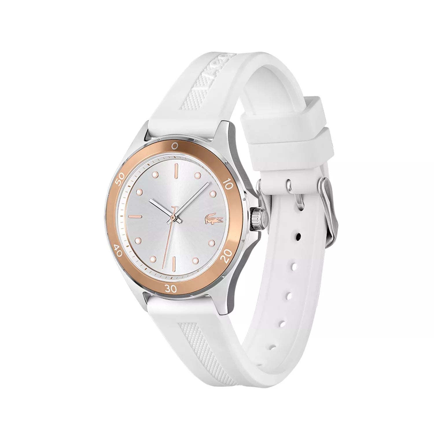 Lacoste 2001225 watch displayed at an angle showing white strap and rose gold bezel