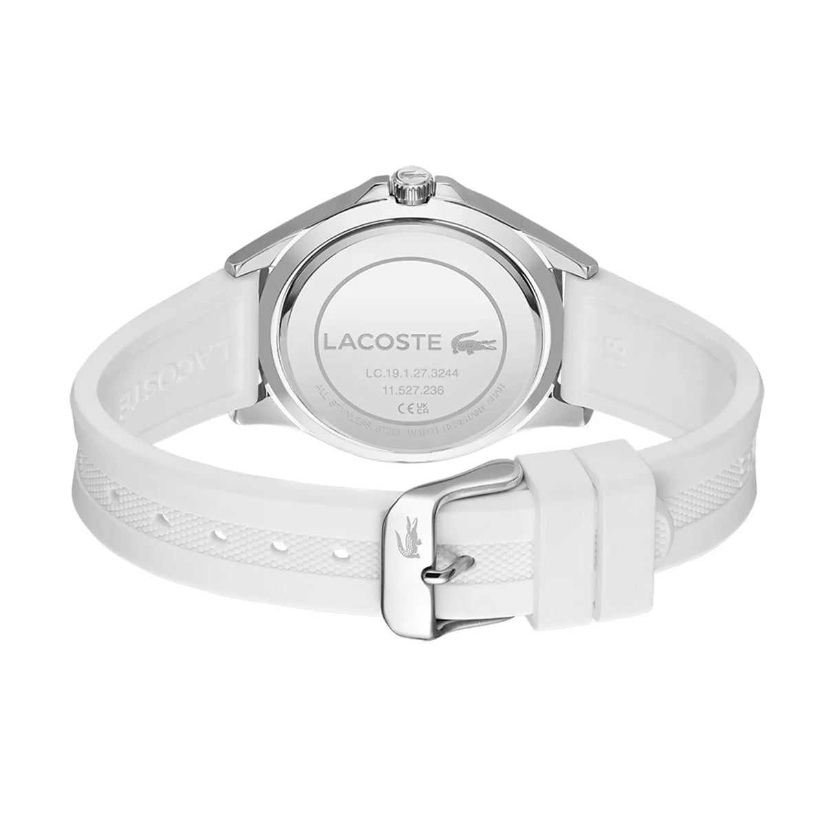 Caseback view of Lacoste 2001225 watch showing Lacoste branding and model details