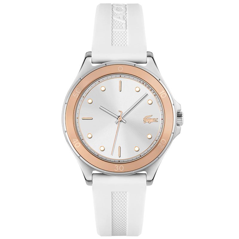 Lacoste women's watch with white dial, rose gold bezel, and white silicone strap