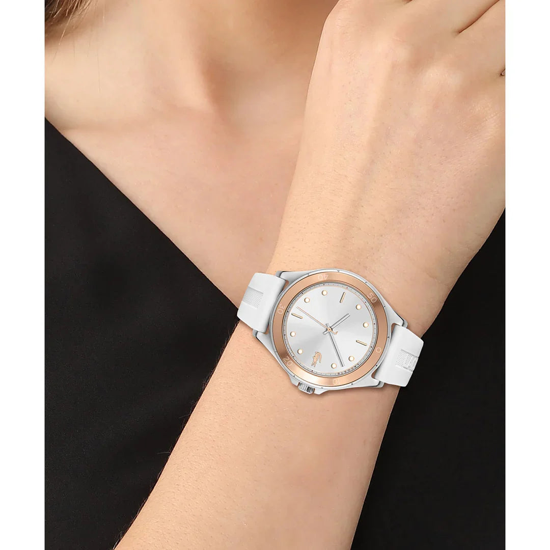 Lacoste 2001225 women's watch worn on wrist with white silicone strap