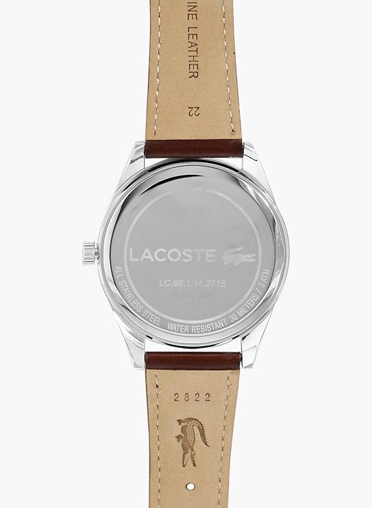 Lacoste watch caseback showing model number and leather strap detail
