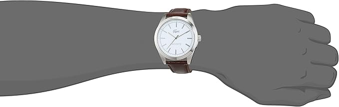Lacoste analog watch worn on wrist with brown leather strap