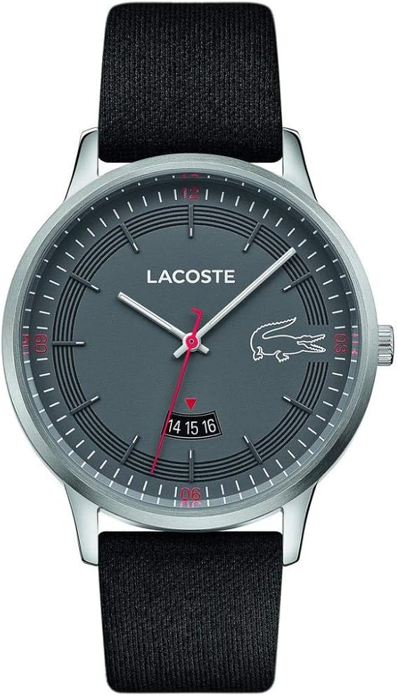 Lacoste men's analog quartz watch with gray dial, stainless steel case, and black fabric strap