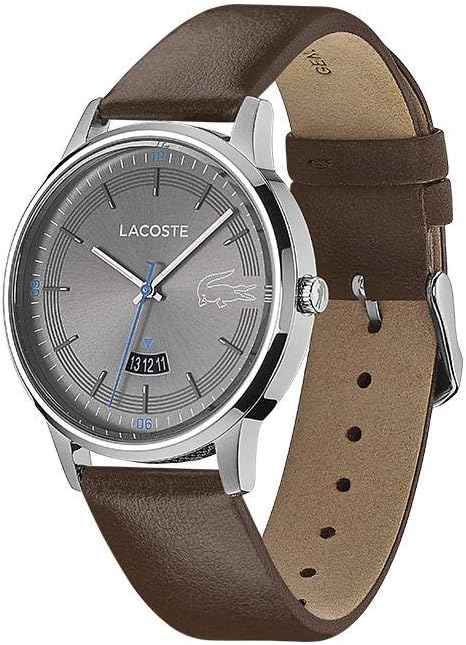 Lacoste watch from angle view showing brown leather strap and gray dial with date window