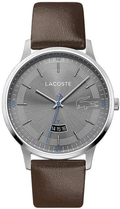 Lacoste men's watch with gray dial, brown leather strap, and silver-tone case