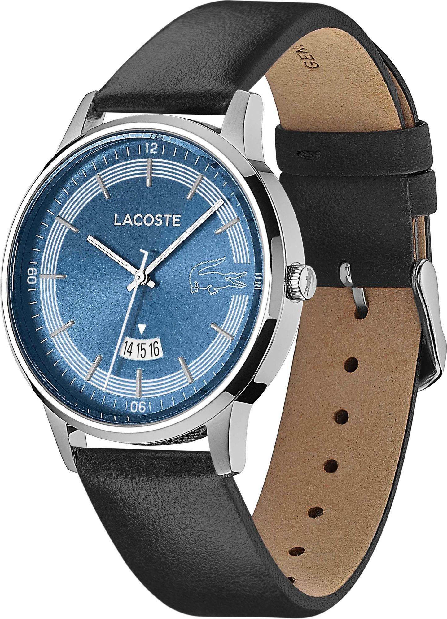 LACOSTE 41MM BLUE DIAL BLACK LEATHER STRAP MENS WATCH - 2011034