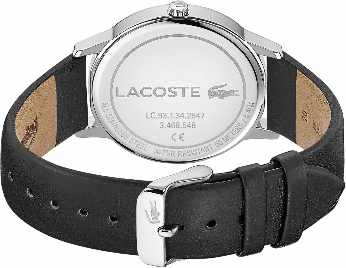 LACOSTE 41MM BLUE DIAL BLACK LEATHER STRAP MENS WATCH - 2011034