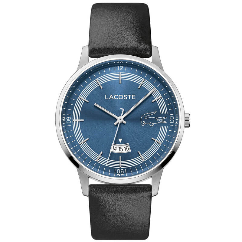 LACOSTE 41MM BLUE DIAL BLACK LEATHER STRAP MENS WATCH - 2011034