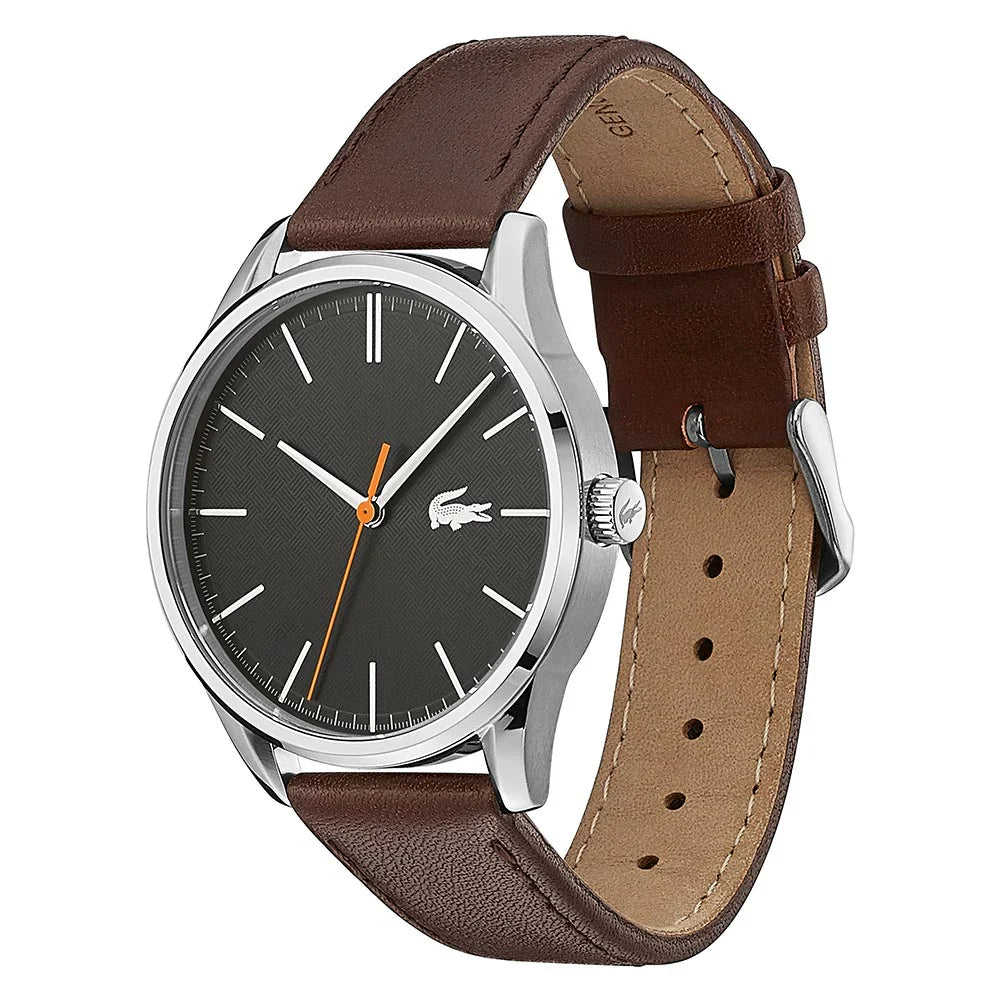 Lacoste 44mm chronograph watch on wrist, showcasing black dial and brown leather strap