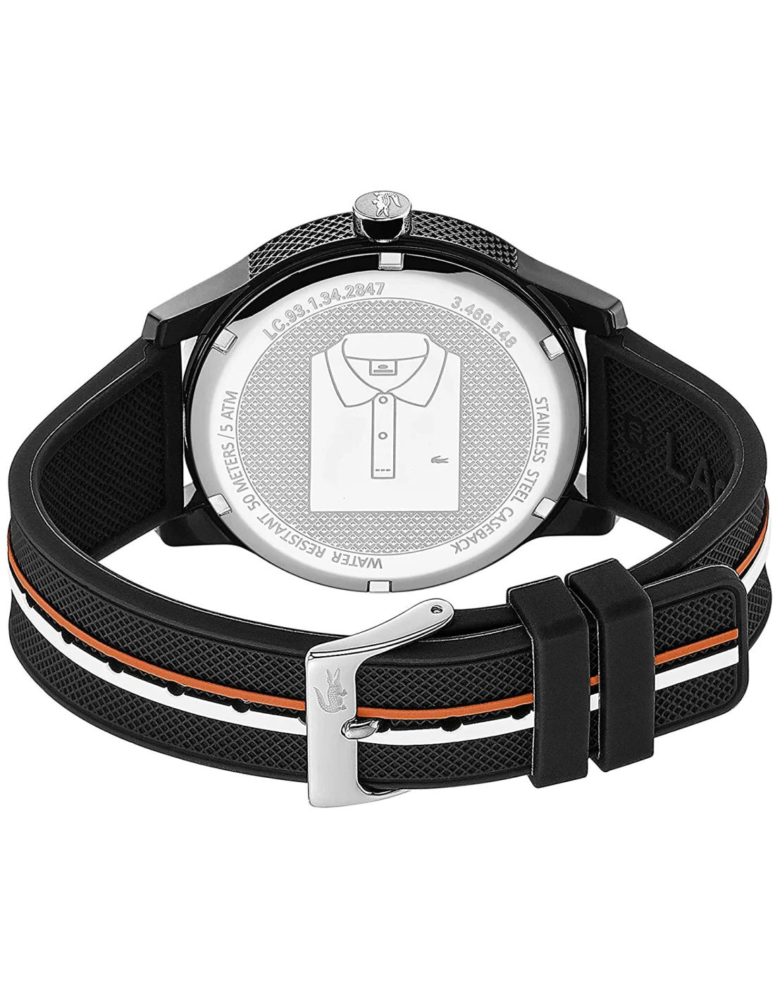 Lacoste 2011071 watch caseback showing engraved polo shirt design and specifications on reverse