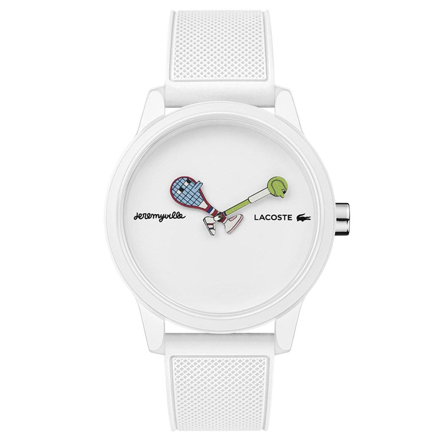 Lacoste 2011072 white watch with Jeremyville character hands on white silicone strap