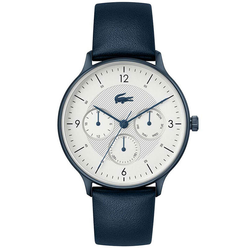 Lacoste men's 42mm quartz watch with white dial, blue leather strap, and chronograph subdials