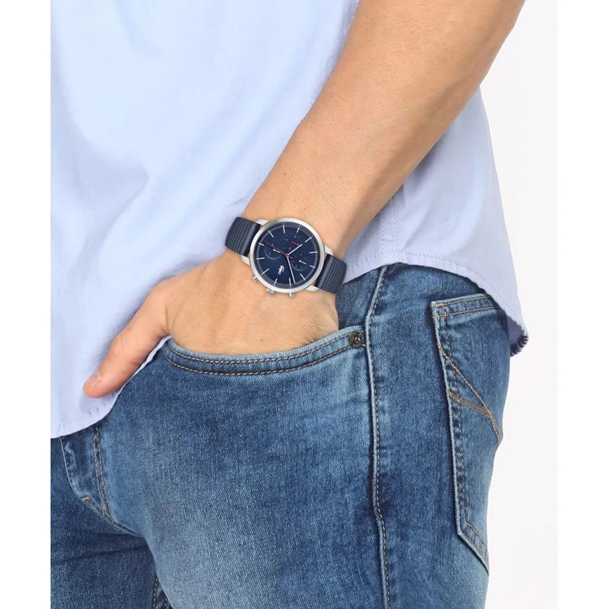 Lacoste 2011176 watch worn on wrist with navy leather strap