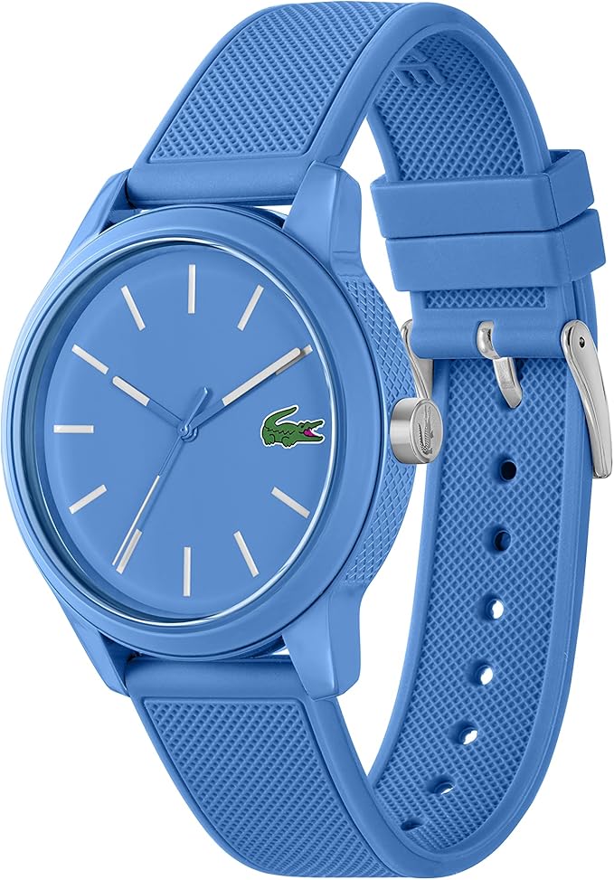 Lacoste blue watch showing side profile with silicone strap and buckle