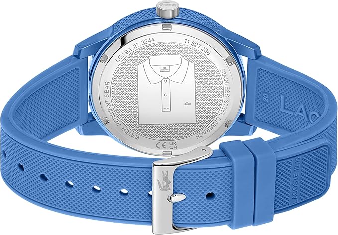 Lacoste watch caseback showing crocodile logo and watch specifications