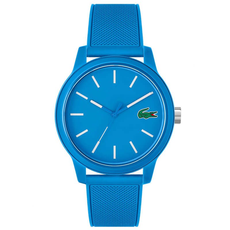 Lacoste blue quartz watch with 3-hand dial and silicone strap