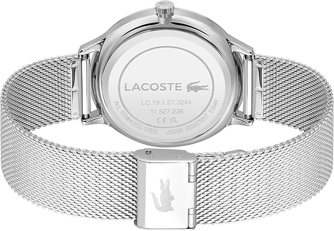 Stainless steel caseback of Lacoste watch showing model number and water resistance specifications