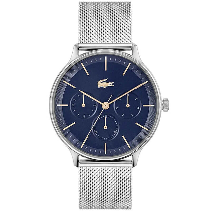 Lacoste men's watch with blue dial, stainless steel mesh strap and chronograph subdials