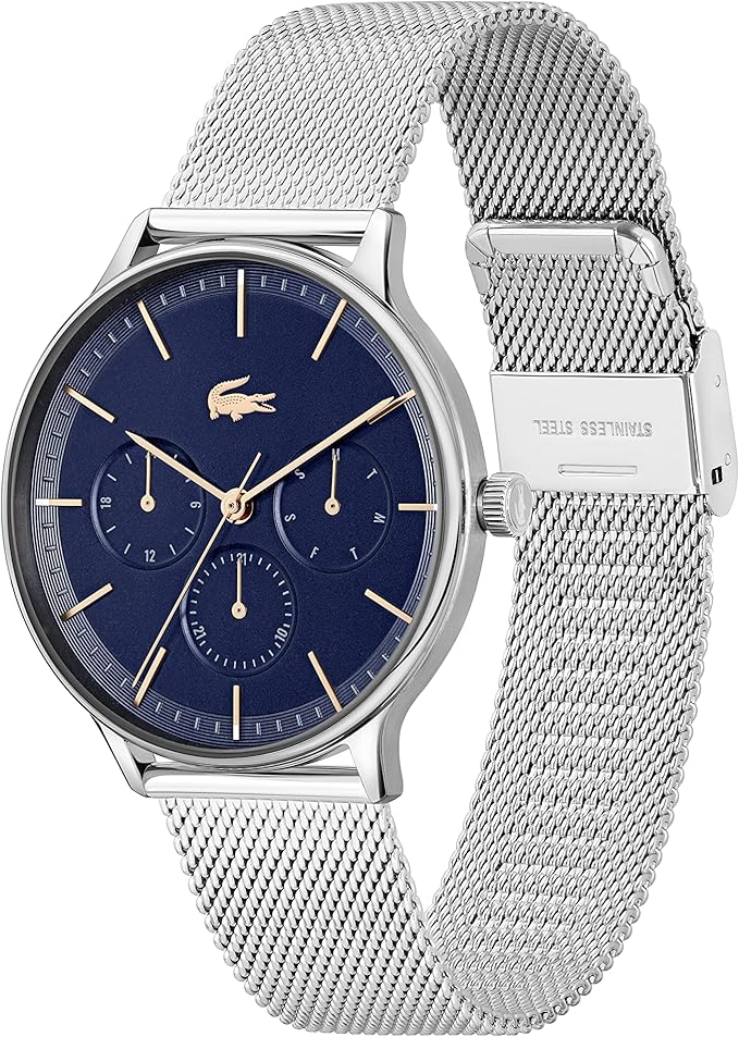 Lacoste chronograph watch with blue dial and steel mesh bracelet worn on wrist