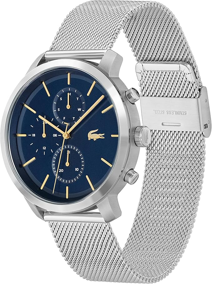 Lacoste chronograph watch on mesh strap showing blue dial and case side profile