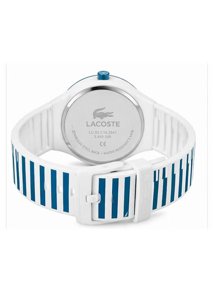 Lacoste 2020118 caseback showing Lacoste branding and model number on white striped strap