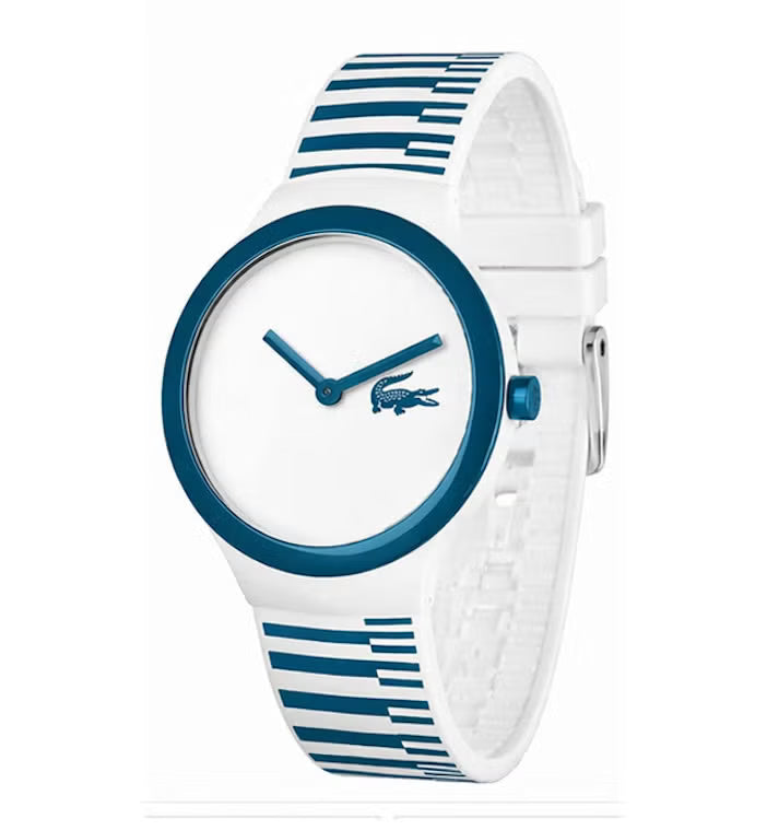 Lacoste 2020118 watch on wrist showing white and blue striped rubber strap detail