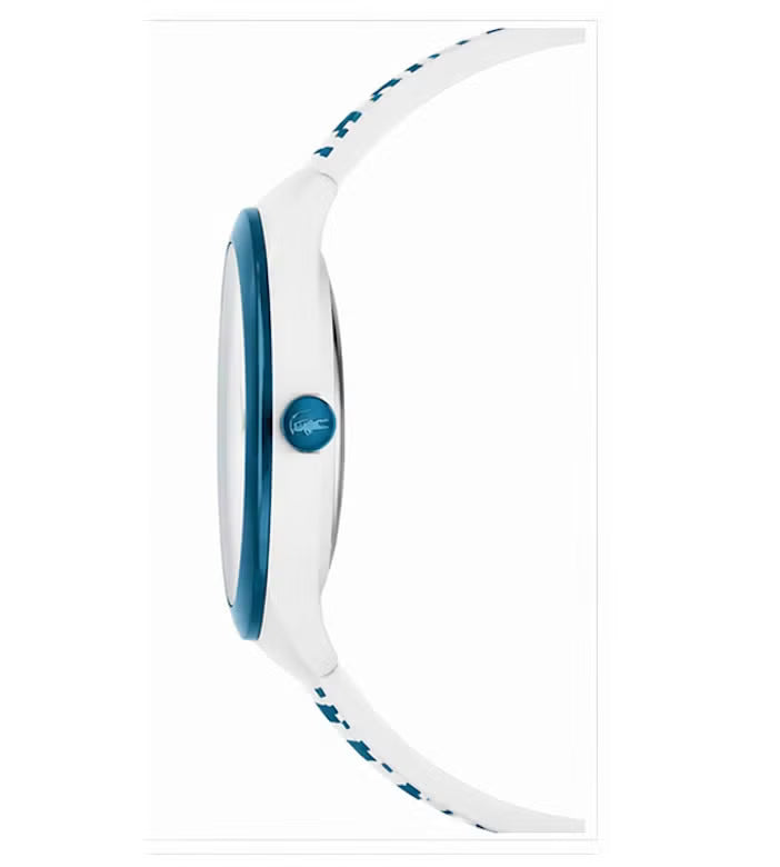 Side view of Lacoste 2020118 watch showing blue case profile and striped strap