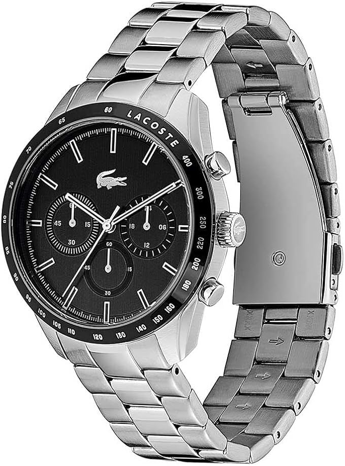 Lacoste Boston chronograph watch three-quarter view showing stainless steel case and bracelet