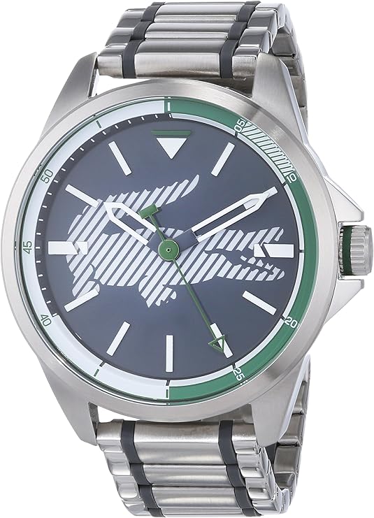 Lacoste Capbreton quartz watch with grey dial, green bezel accent, and stainless steel bracelet