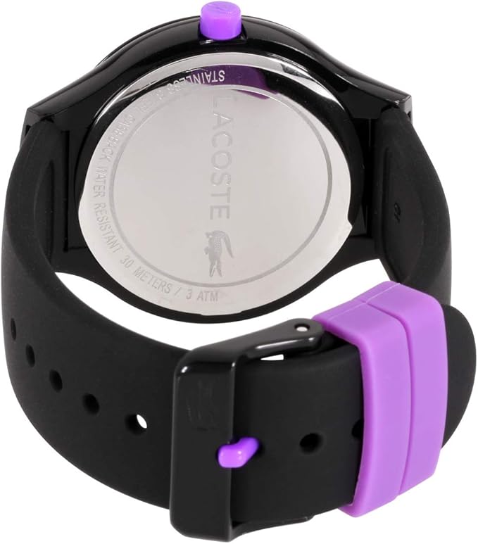 Lacoste Goa watch caseback showing engraved branding, black case with purple crown and buckle