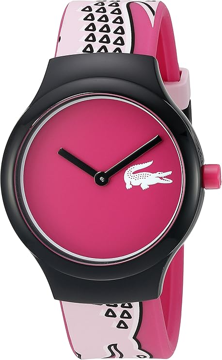 Lacoste Goa watch showing full case and patterned pink and white strap